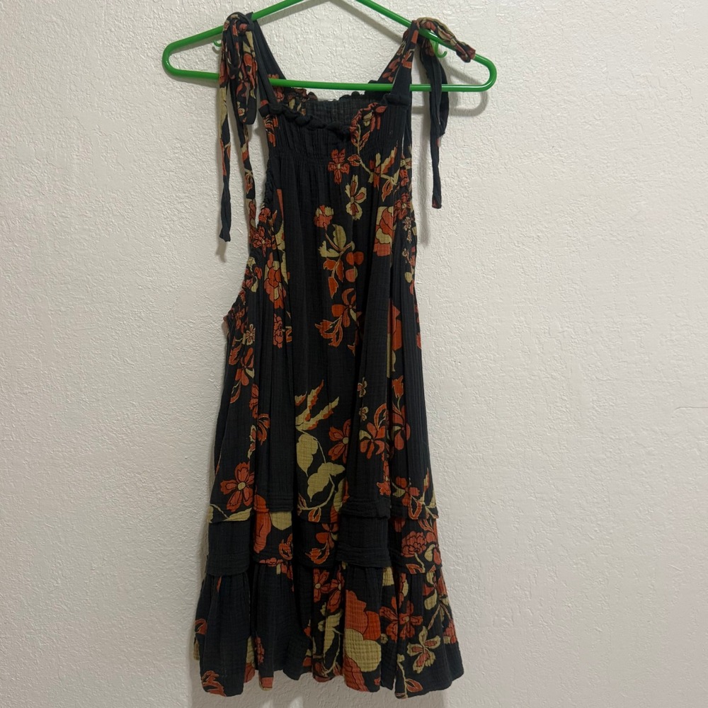 Free People Extratropical Mini Dress Black Floral Cotton Gauze Tie Strap Small